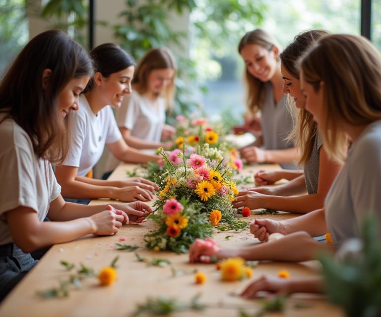 Several people smiling and arranging flowers at a long wooden table during a floral workshop.